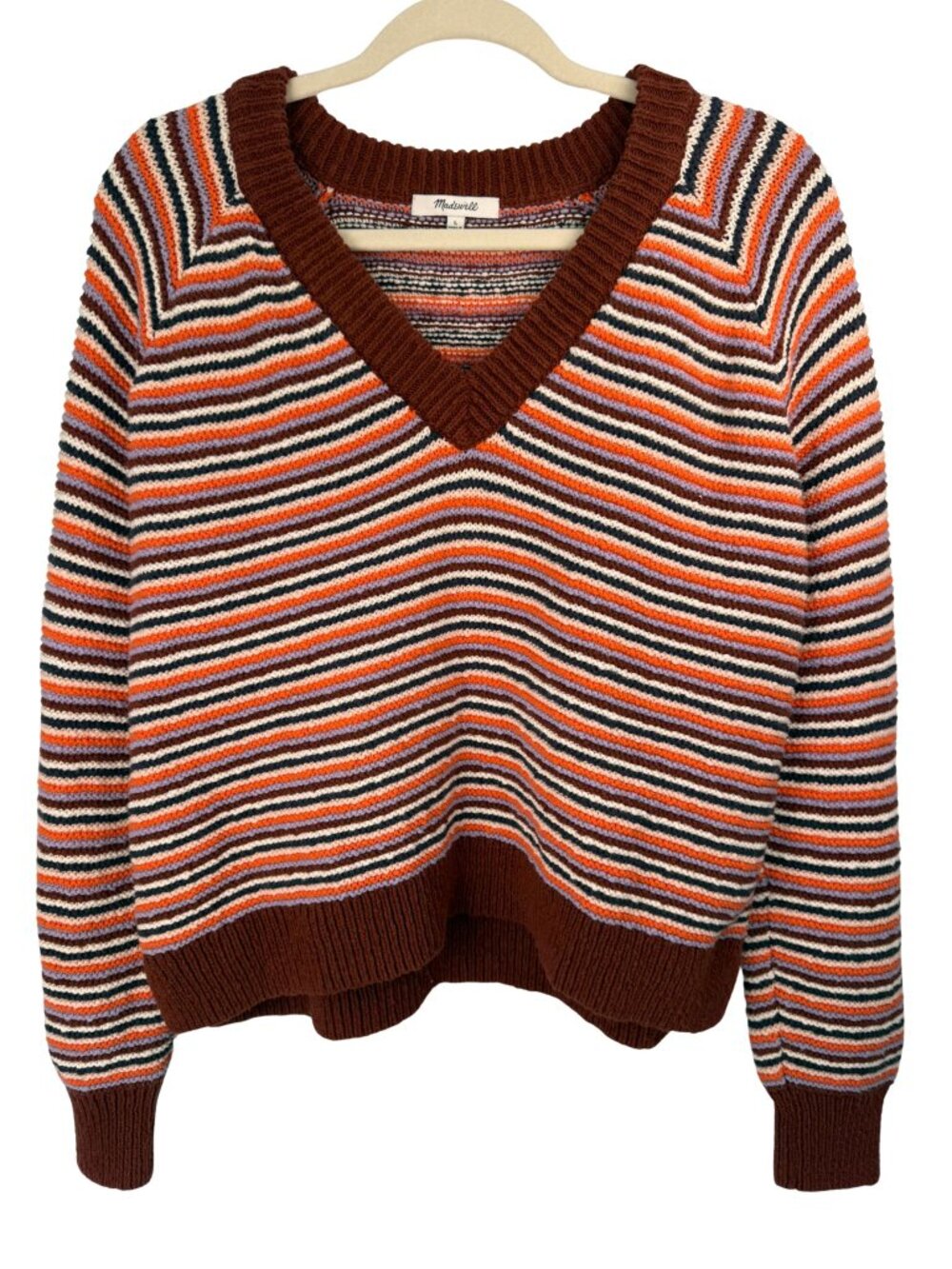 Madewell Women’s L Cotton Striped V-Neck Sweater Brown Orange Retro